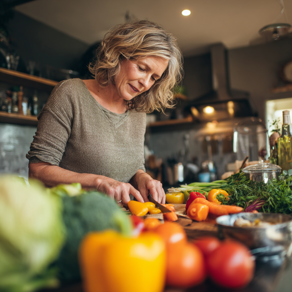 Mature woman preparing fresh vegetables in modern kitchen, focusing on healthy meal preparation