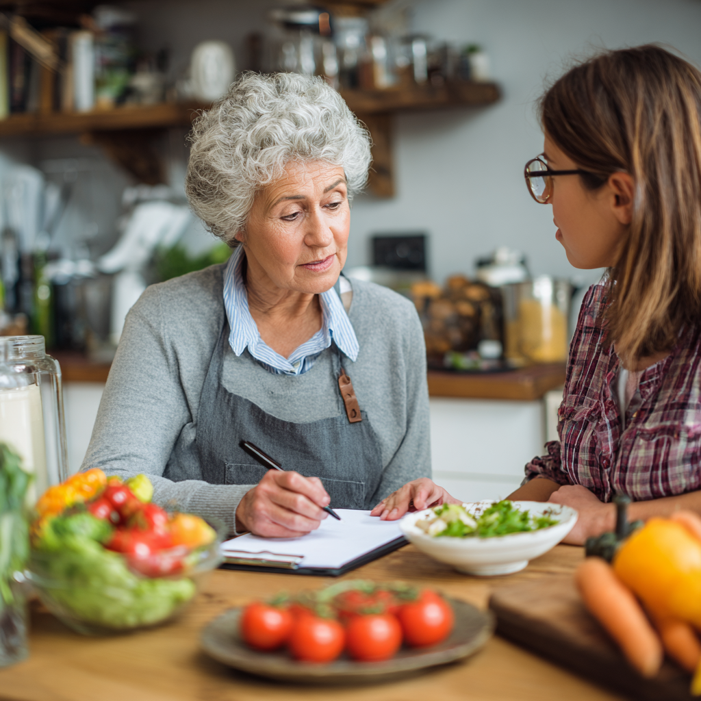 Middle-aged nutritionist consulting with mature client about personalized meal planning